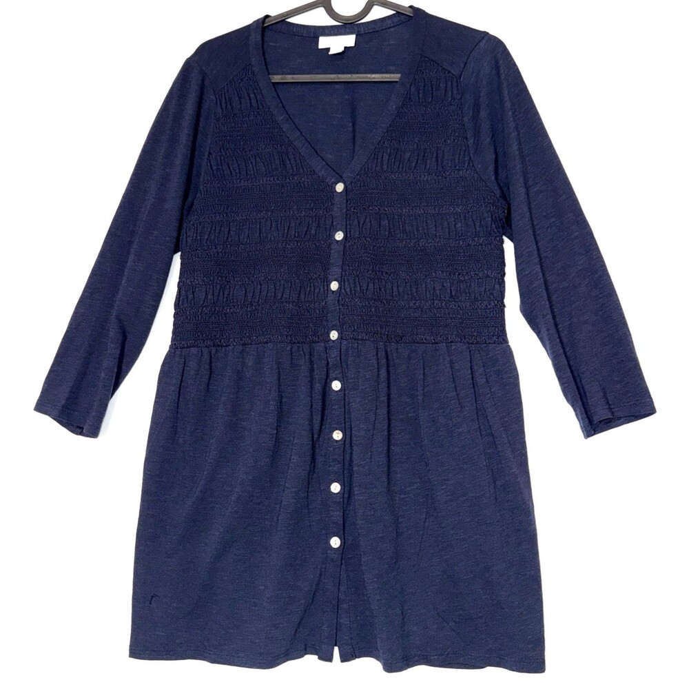 J Jill Navy 3/4 Sleeve Smocked Lightweight Button Down Tunic Top Sz Sm Casual